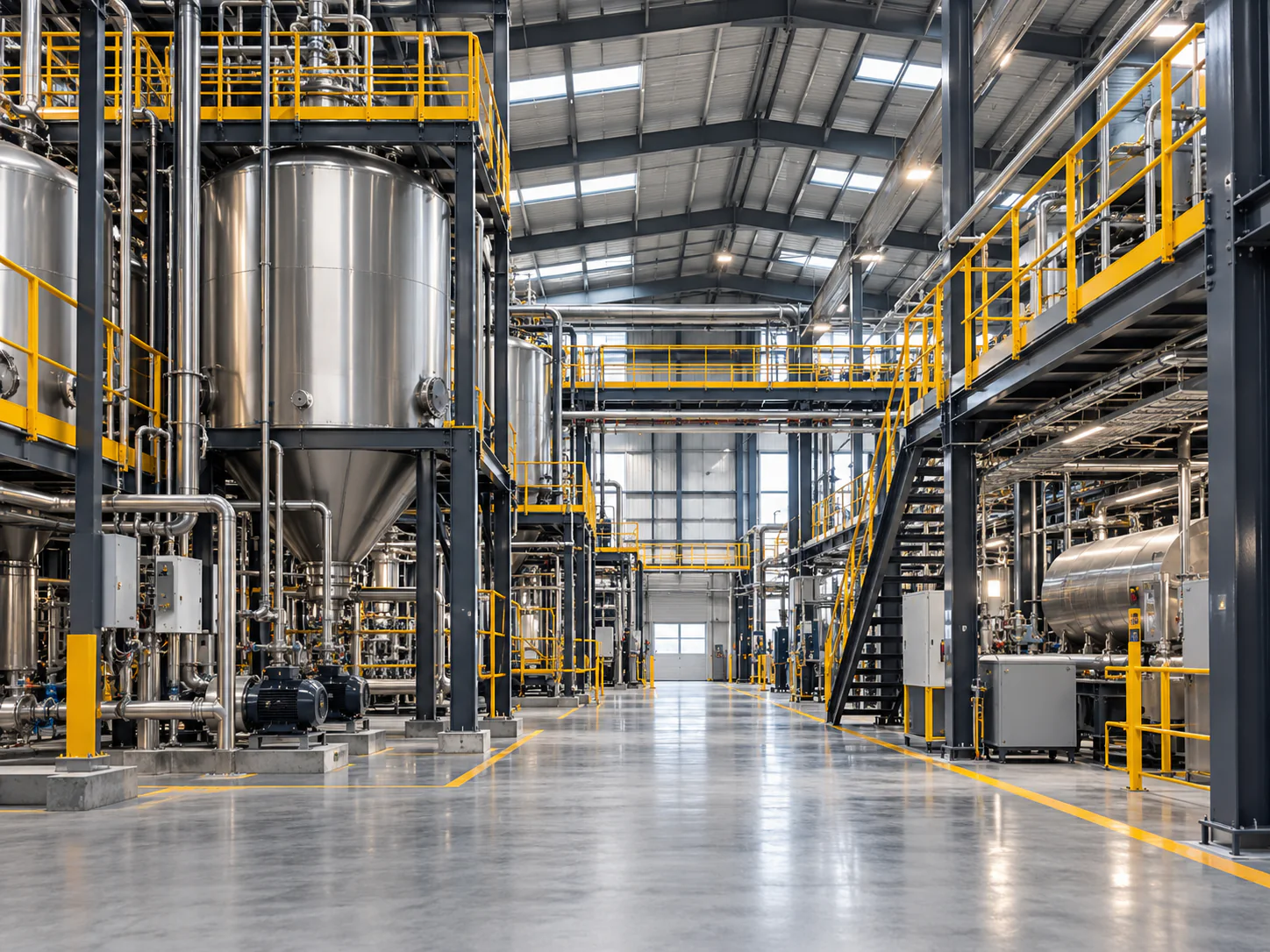 Imagem ilustrativa gerada por IA do interior de um ambiente industrial, com reservatórios metálicos, tubulações e plataformas com guarda-corpos amarelos.