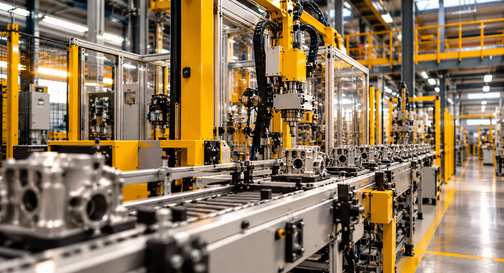 Imagem ilustrativa gerada por IA de uma linha de produção industrial com equipamentos amarelos e peças metálicas sobre uma esteira.