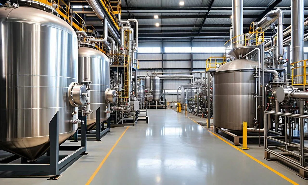 Imagem ilustrativa gerada por IA de um ambiente industrial com reservatórios metálicos, tubulações e corredor central demarcado em amarelo.