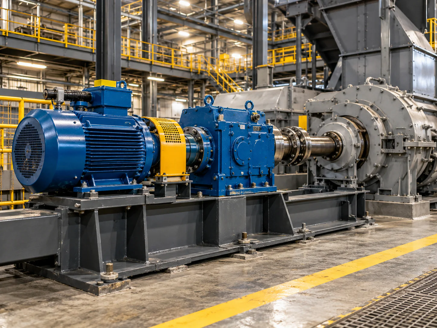 Imagem realista demonstrativa de um conjunto de acionamento com motor azul, proteção amarela no acoplamento e base metálica em um ambiente industrial.