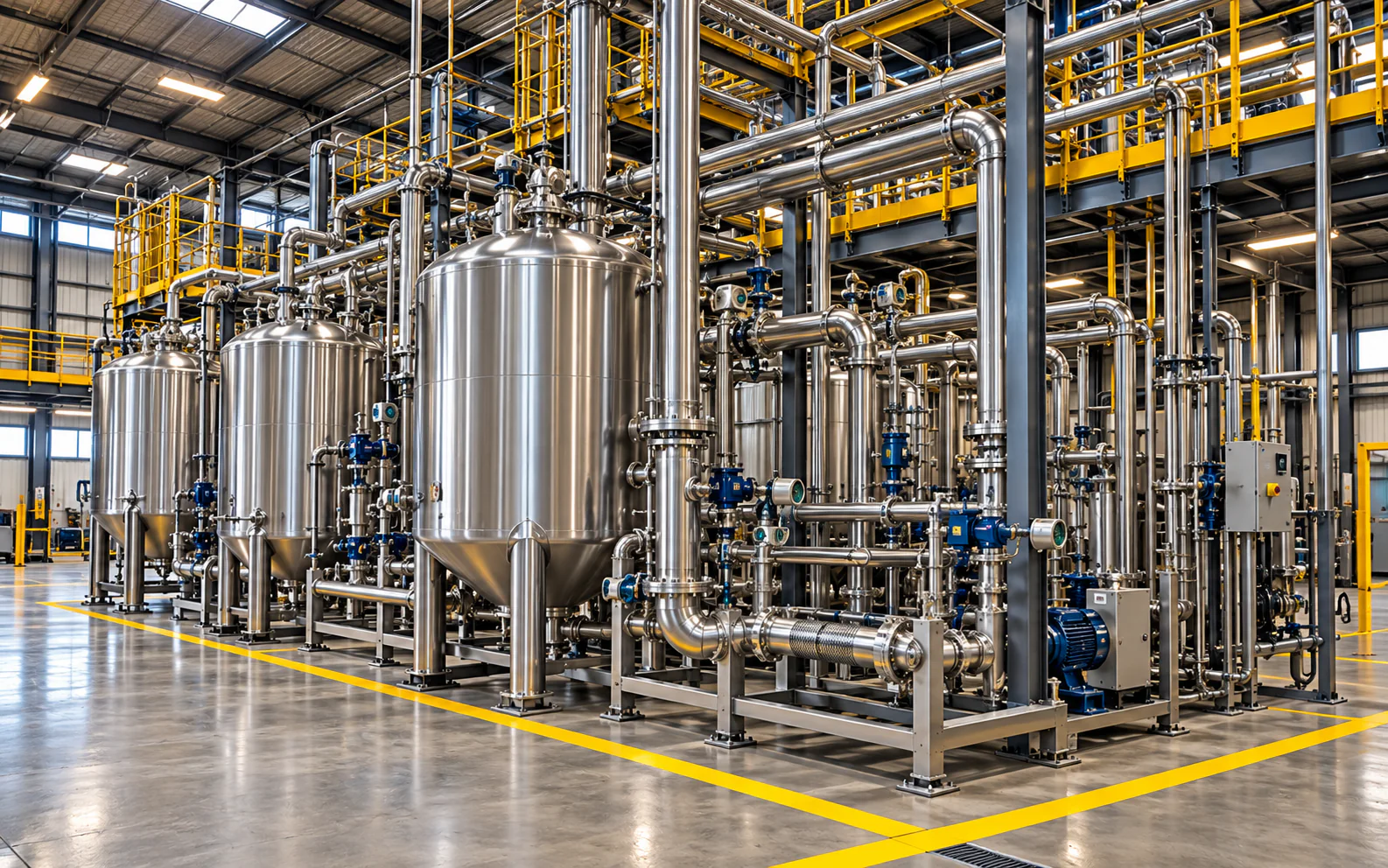 Imagem realista demonstrativa de uma linha de processo com reservatórios metálicos, tubulações e válvulas em um ambiente industrial.