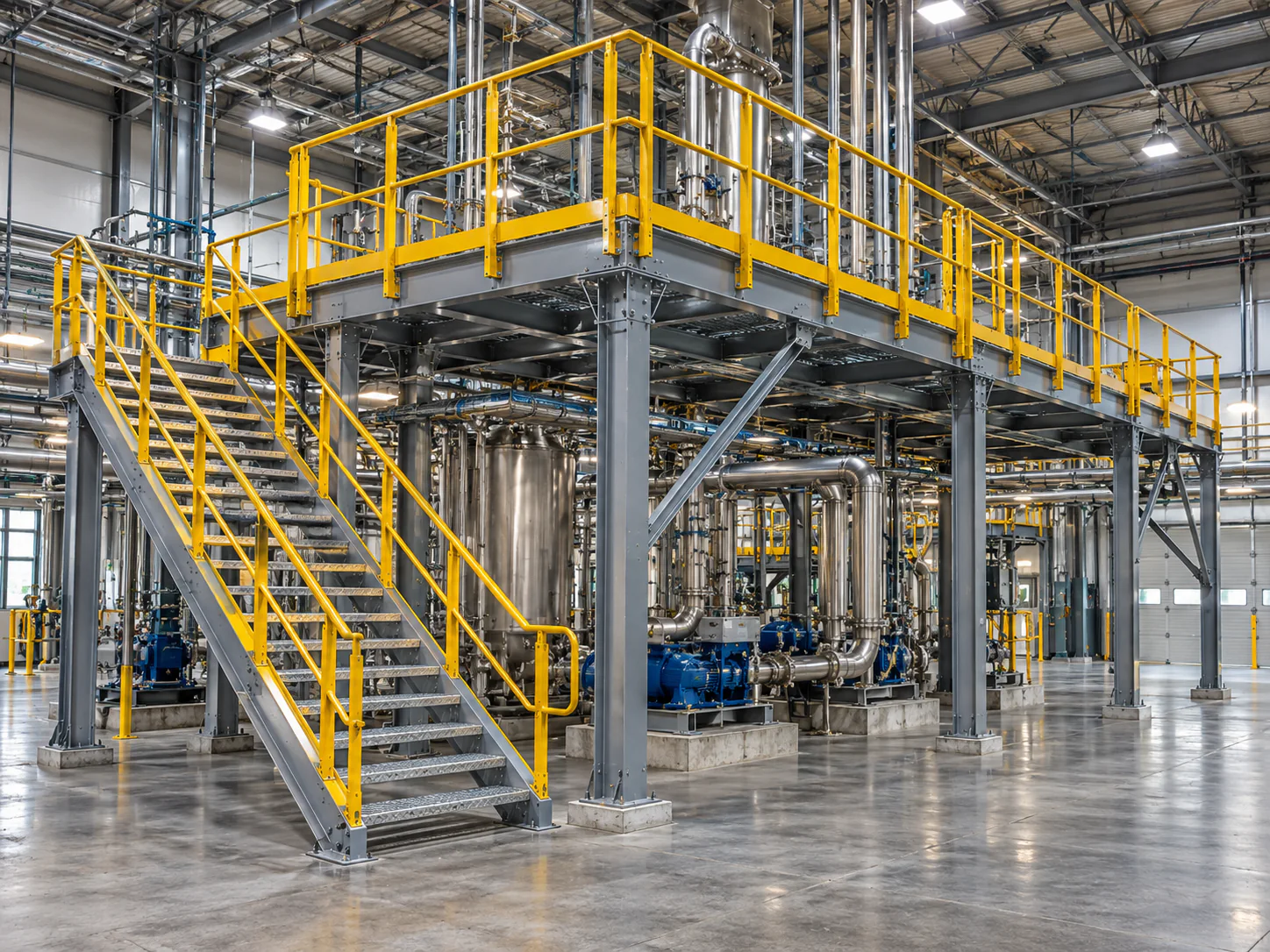 Imagem realista demonstrativa de uma plataforma metálica elevada, com escada de acesso e guarda-corpos amarelos em um ambiente industrial.
