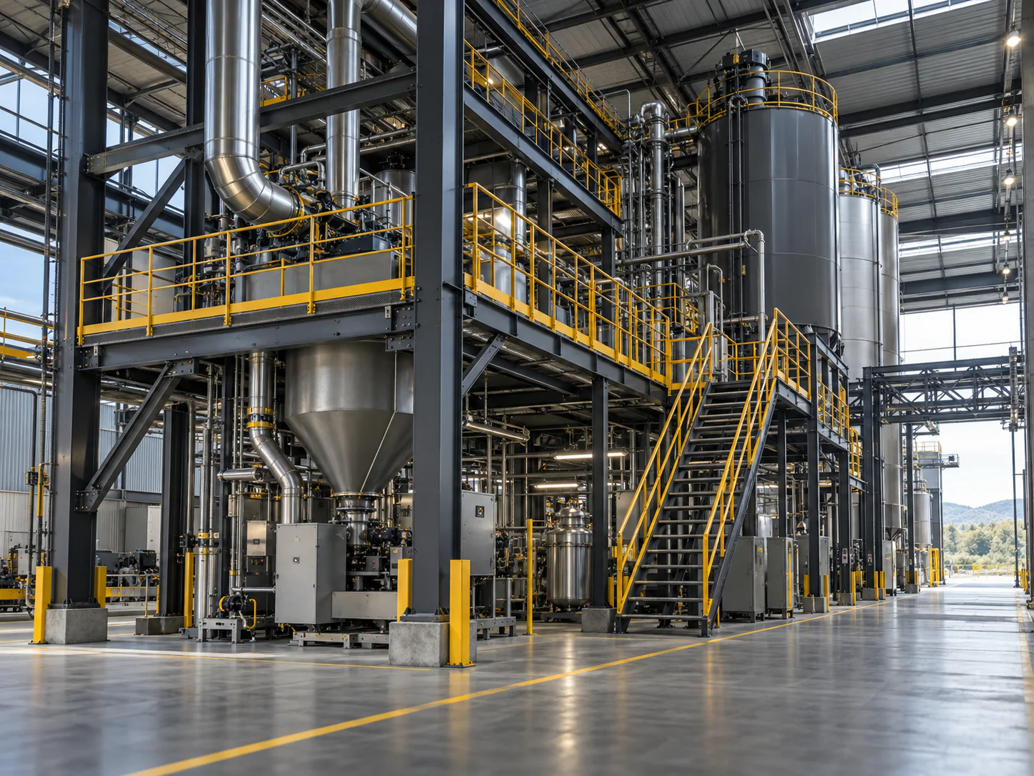 Imagem realista demonstrativa de uma instalação industrial com reservatórios metálicos, tubulações e plataformas com guarda-corpos amarelos.