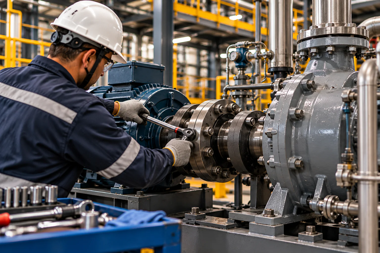 Imagem ilustrativa gerada por IA de um profissional utilizando ferramenta em um acoplamento mecânico entre um motor e um equipamento industrial.